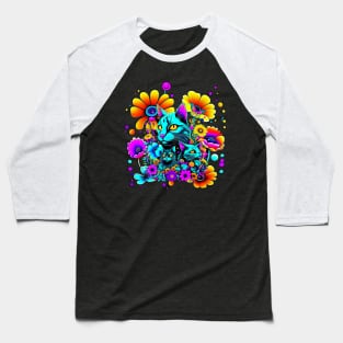 Psychedelic Cats and Flowers Baseball T-Shirt